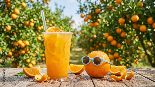 Refreshing Orange Juice in a Sunny Orchard with a Cute Orange Character