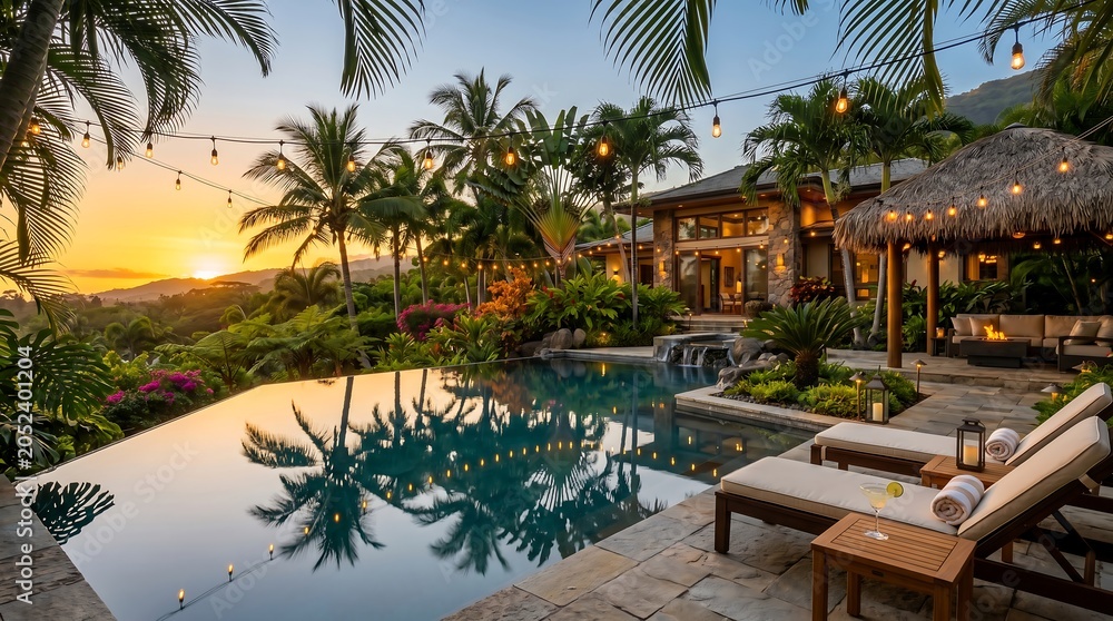 Fototapeta premium Tropical sunset paradise with pool, lounge chairs, and palm trees in.