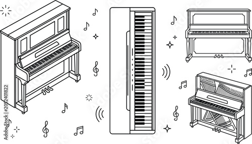 Schilderij op canvas Piano musical instrument vector bundle featuring minimalist black line art outli