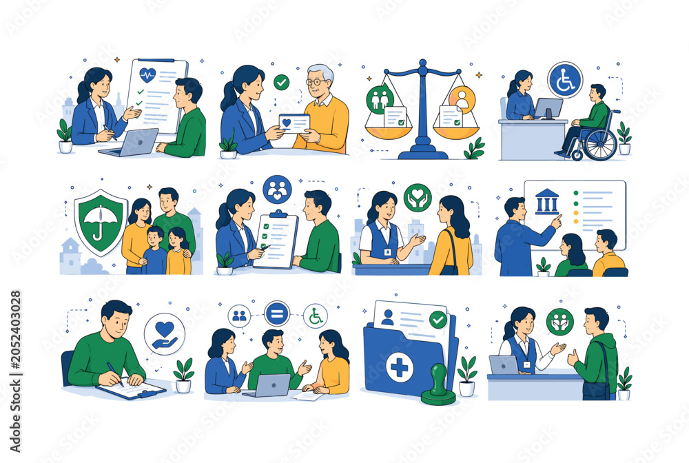 Fototapeta premium Social Policy Support. Healthcare policy, equality, justice, disability support, social insurance, public care, and community services. 12 minimalist editorial vector scenes: policy worker explains