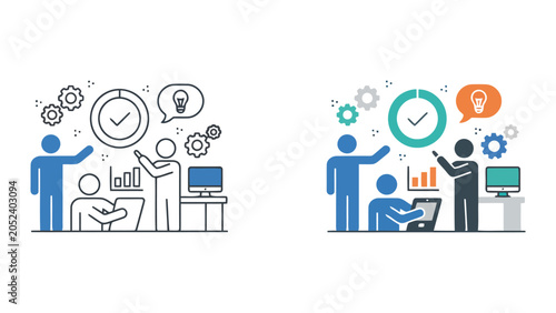 Quadro su tela Business team collaborating on project with charts and tools icon illustration f
