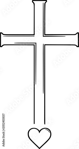 Christian Cross with Heart Outline Faith Vector Symbol