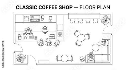 Classic coffee shop floor plan vector, architectural cafe layout with furniture and seating, top view restaurant interior design blueprint