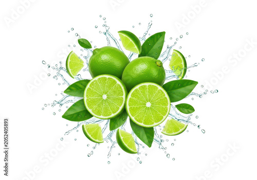 Fresh green limes with water splashes and leaves arranged in a circular pattern isolated on a transparent background