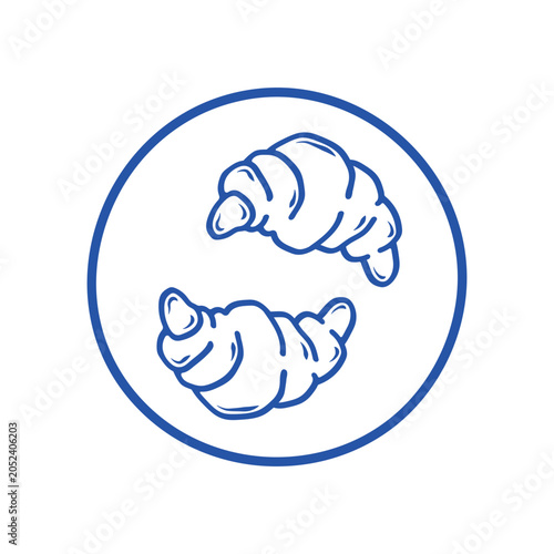 Minimalist bakery illustration featuring two croissants in clean blue outline style. Ideal for bakery logos, breakfast menus, food packaging, restaurant branding, stickers, websites, and promotional 