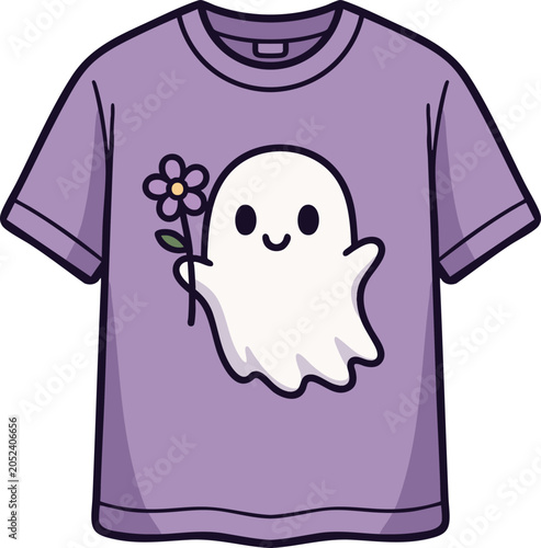 Purple T shirt with cute ghost holding flower graphic