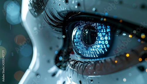 Close-up of a futuristic robot eye reflecting binary code.
