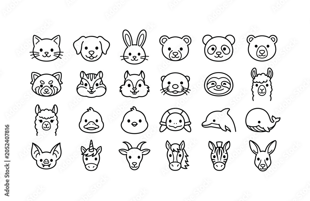 Obraz premium Cute Pet Characters. Line icon set of outlined cartoon animal faces: kitten face, puppy face, bunny face, cub face, panda cub, polar bear face, red panda face, chipmunk face, squirrel face, otter