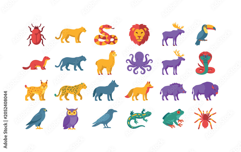Obraz premium Predator Forest Animals ? big beetle, puma, copperhead snake, lion head, elk, toucan, weasel, panther, alpaca, octopus, reindeer, cobra, lynx, jaguar, wolf, fox, boar, bison, falcon, owl, raven,