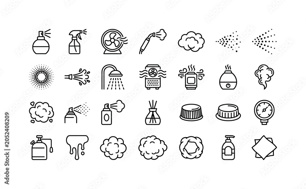 Obraz premium Aerosol Vapor Pack. Line icon set of spray and mist effects: atomizer nozzle, trigger sprayer, mist fan, steam wand, fog cloud, sprayed dots, halftone burst, water jet, shower mist, air purifier,