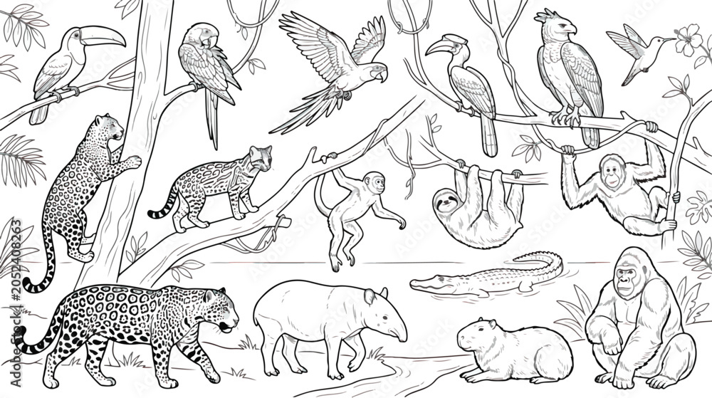 Fototapeta premium Tropical rainforest animals coloring page vector, jungle wildlife line art illustration, exotic birds and mammals in nature habitat scene