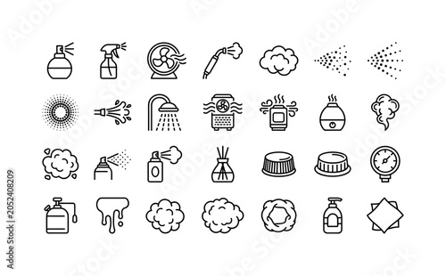 Aerosol Vapor Pack. Line icon set of spray and mist effects: atomizer nozzle, trigger sprayer, mist fan, steam wand, fog cloud, sprayed dots, halftone burst, water jet, shower mist, air purifier,