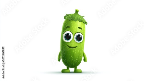 Cartoon cucumber character with big eyes and smiling expression, standing on a white background