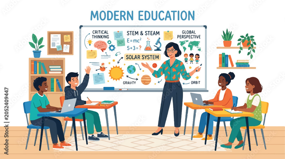 Fototapeta premium Modern classroom scene with diverse students learning together under a teacher's guidance.