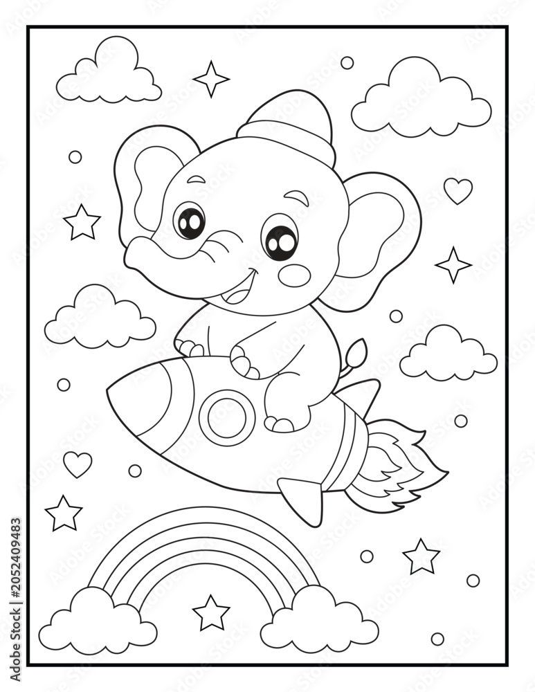 Fototapeta premium Cute Elephant Riding Rocket Coloring Page for Kids. Printable Cartoon Animal Space Adventure Illustration