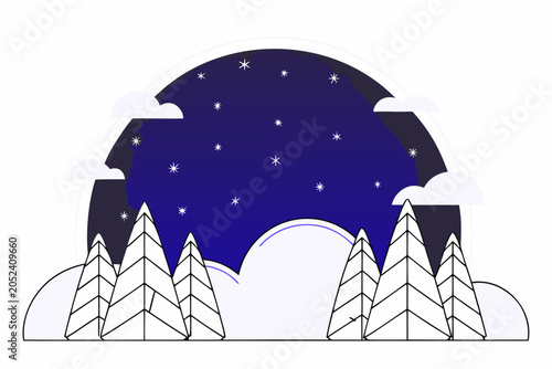 Nighttime Winter Scene, Starry Sky, Snowy Trees, Vector Illustration, Dark Blue Background