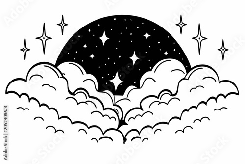 Black and white, celestial, night sky, moon and clouds vector illustration, starry background, dreamy scene