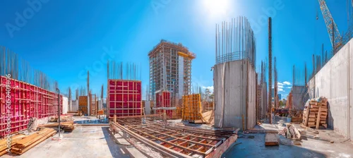 Panel kuchenny z motywem Construction site panorama with concrete forms, scaffolding, and building framework under blue sky