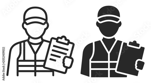 Worker icon set holding clipboard, safety vest and cap on transparent background