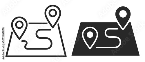 Set of map icons with location pins and route paths in black and white design on transparent background