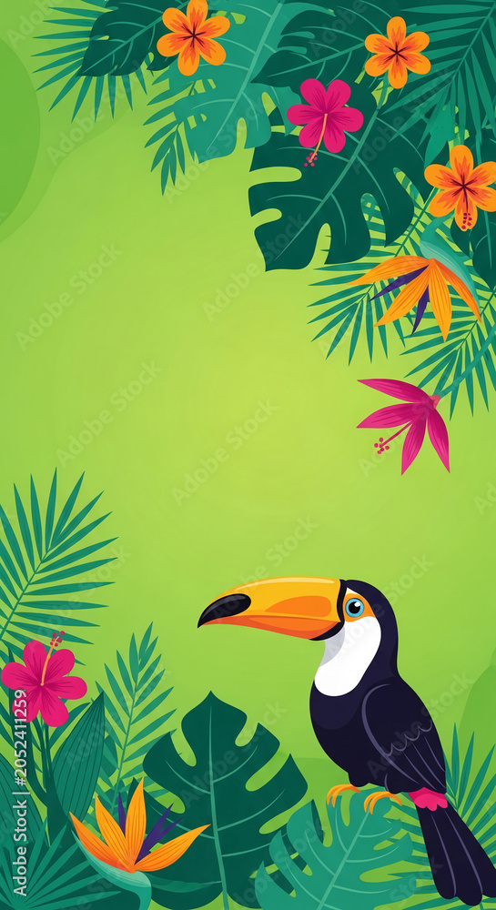 Naklejka premium Tropical toucan amidst lush green foliage and vibrant hibiscus and bird of paradise flowers, symbolizing nature, vacation, and exoticism, perfect for summer themes.
