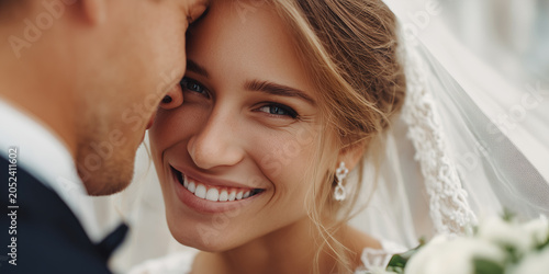 Close up portrait of a beautiful smiling bride looking at the camera next to her groom on their wedding day.
