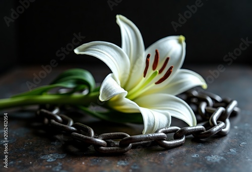 White lily flower placed on a dark surface intertwined with a rusted metal chain, creating a striking contrast between nature and industrial elements