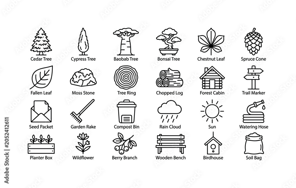 Fototapeta premium Forest Ecology Objects. Line icon set of tree and forest: cedar tree, cypress tree, baobab tree, bonsai tree, chestnut leaf, spruce cone, fallen leaf, moss stone, tree ring, chopped log, forest cabin,