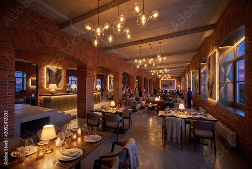 Luxury restaurant hall with brick walls and pendant chandeliers