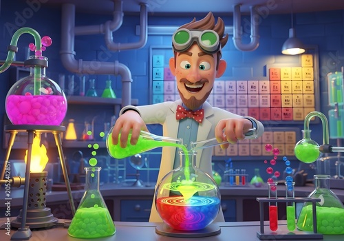 a cheerful, big-eyed cartoon scientist mixing colorful chemical potions in a flask