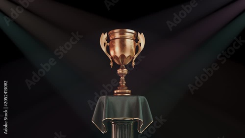 Trophy cup bronze award approaches under dramatic spotlights in a grand CG animation, marking a championship victory. Sports tournament intros, corporate achievement awards.