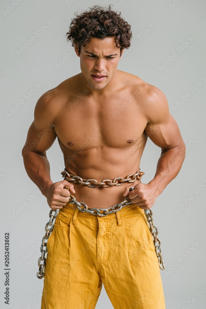 Naklejka premium Shirtless young man gripping heavy chains around waist for training poster and intense fitness background design