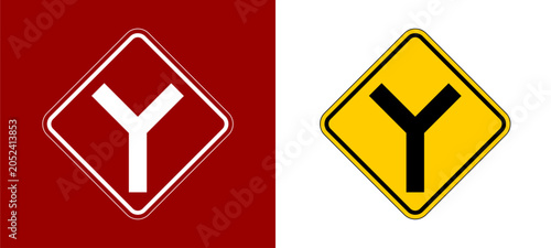 Quadro su tela Y junction ahead warning sign displaying road traffic safety symbol icon for street navigation driving guide infographic presentation graphic design illustration element clip art