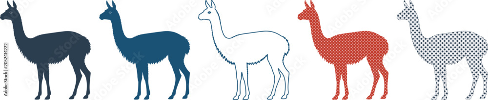 Fototapeta premium Minimalist llama silhouette set, collection of 5 alpaca vector icons in various colors, flat vicuna animal graphics for logo design and branding