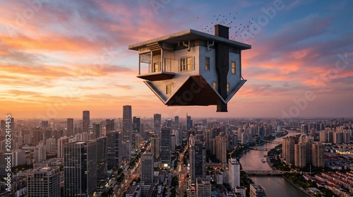 Upside Down House Floating Over Cityscape at Sunset