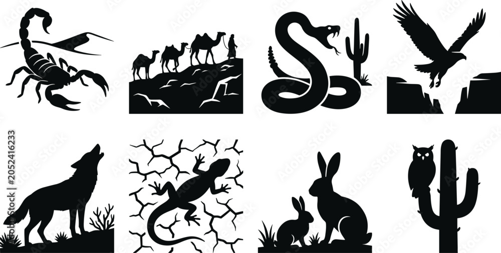 Obraz premium Desert Wildlife Silhouette Collection Featuring Animals, Plants, and Landscapes in Black Vector Art