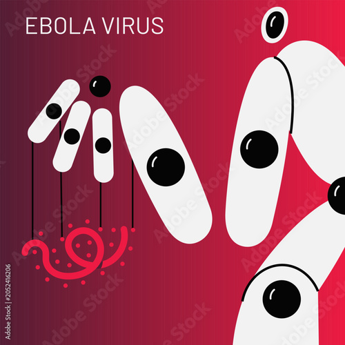 Minimal Ebola virus concept illustration showing a robotic hand controlling a stylized virus particle like a puppet. Healthcare, biotechnology, infectious disease research.