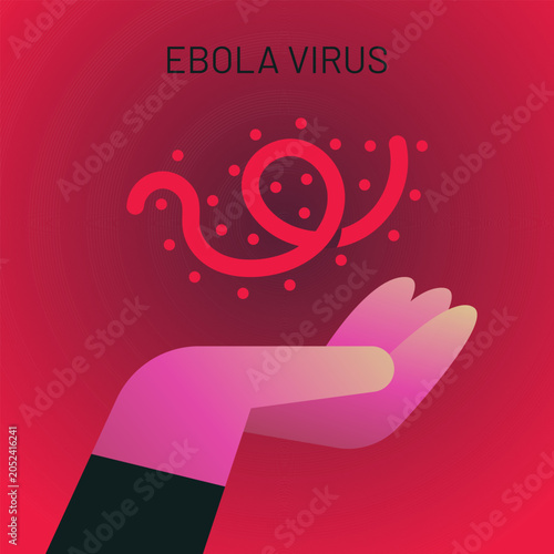 Minimal Ebola virus concept illustration showing a stylized virus particle floating above a human hand. Healthcare, epidemic awareness and infectious disease prevention theme.