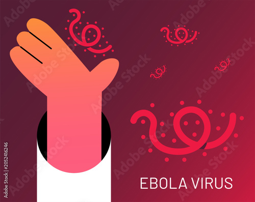 Minimal Ebola virus concept illustration showing stylized viral particles spreading around a human hand. Healthcare, infectious disease transmission, epidemic outbreak, virus exposure, public health a