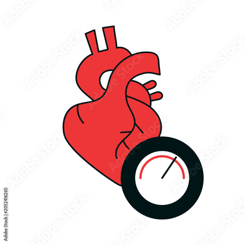 Minimal heart health illustration featuring a human heart with a pressure gauge. Medical concept representing cardiovascular health, heart disease prevention, blood pressure monitoring, cardiology dia