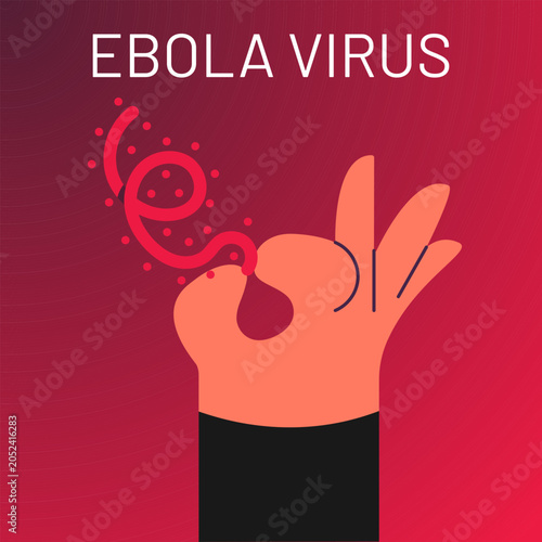 Minimal Ebola virus concept illustration showing a stylized Ebola virus particle balanced on human fingers. Healthcare, infectious disease awareness, epidemic prevention and public health protection t
