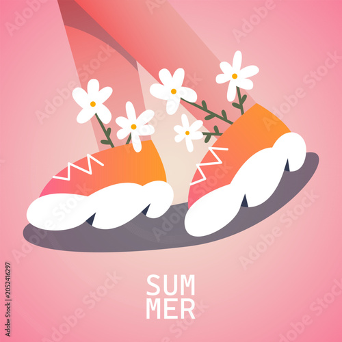 Minimal summer illustration featuring female feet in colorful sandals decorated with flowers. Bright seasonal vacation concept for travel, beach holiday, relaxation, leisure, fashion.