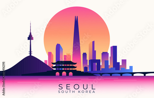 Modern Seoul skyline illustration featuring iconic South Korea landmarks at sunset. Colorful cityscape with N Seoul Tower, historic architecture and contemporary skyscrapers.