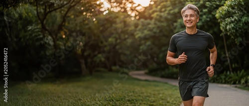 Smiling mature Asian man jogging on a path in a lush green park during a golden sunset, enjoying a healthy active lifestyle and outdoor fitness routine in a peaceful natural environment.