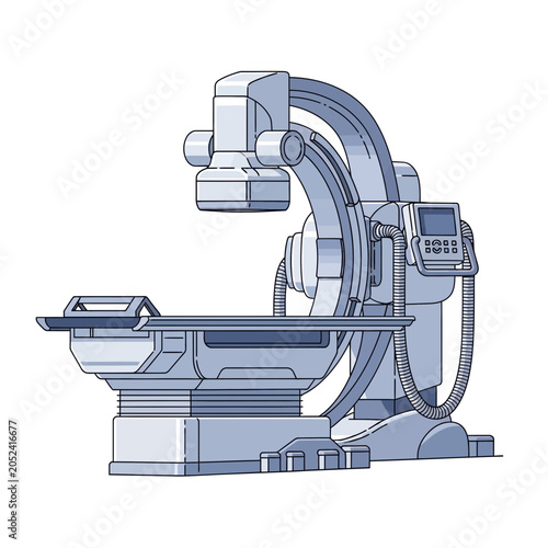 Medical imaging equipment with table and monitor isolated on a white background.