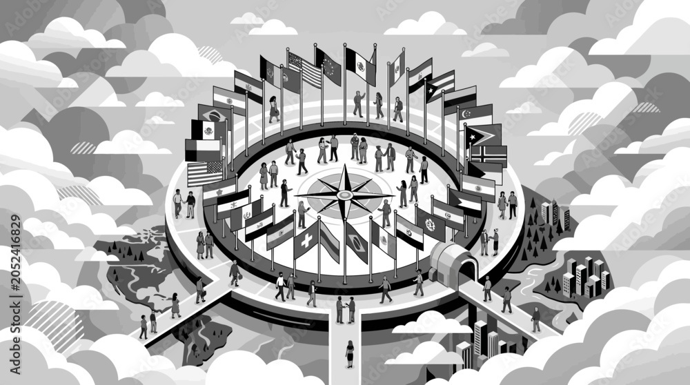 Fototapeta premium Global Unity: Diverse Nations Unite Around Compass Rose, International Cooperation Concept