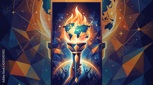 Schilderij op canvas Global Torch of Enlightenment, World Map Flame, Abstract Geometric Background