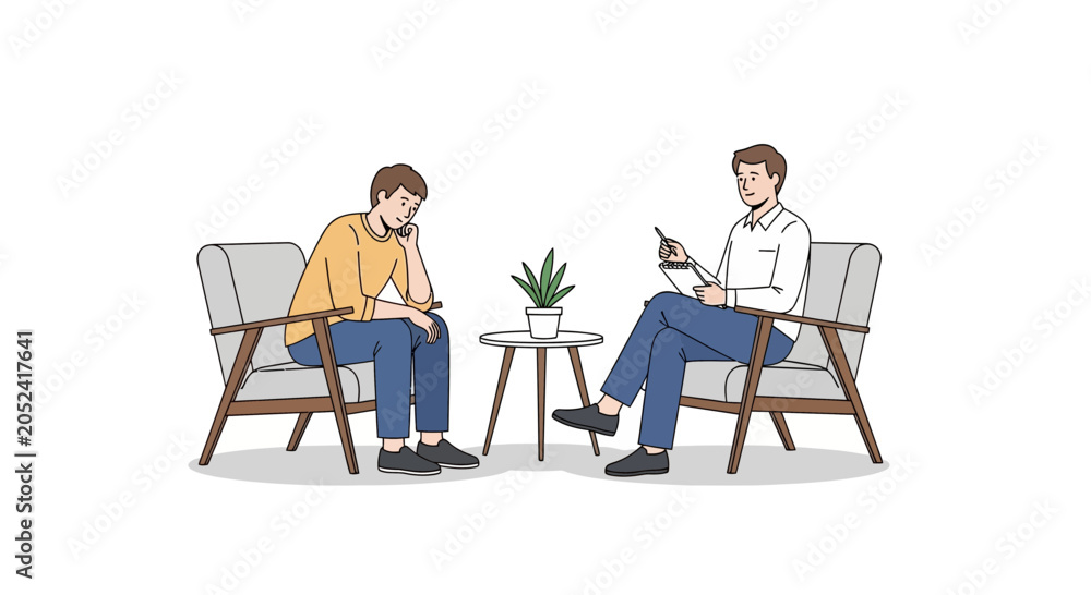 Fototapeta premium Two people sit in chairs facing each other with a small table.
