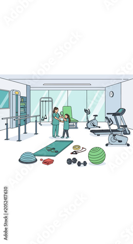 Illustration of a gym interior with various equipment and a person.