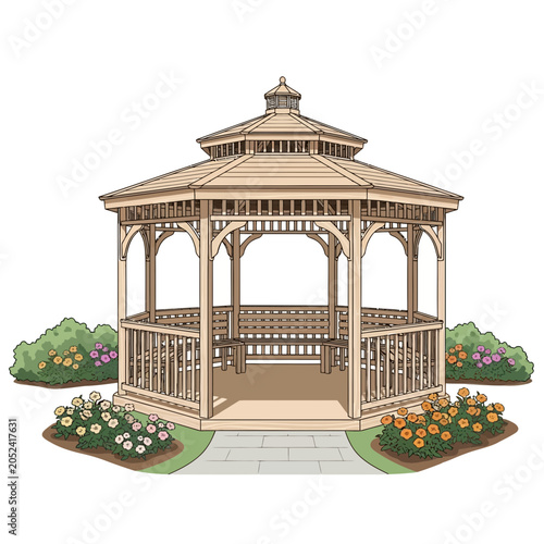 Light brown gazebo with bushes isolated on white background.